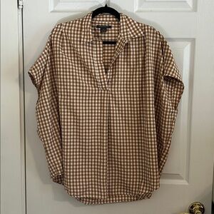 French Connection Brown White Gingham Cele Rhodes Short Sleeve Popover Shirt XL